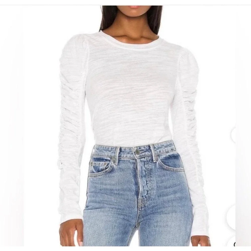 Free People We The Free Natasha White Ruched Puff Sleeve Textured Top Small Boho